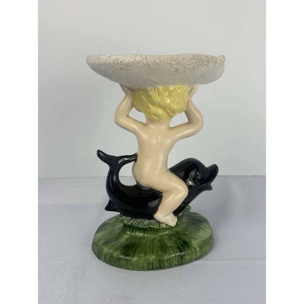 VTG Cherub Dolphin Soap Dish Ceramic Bathroom Vanity Tray Angel Shell Holder